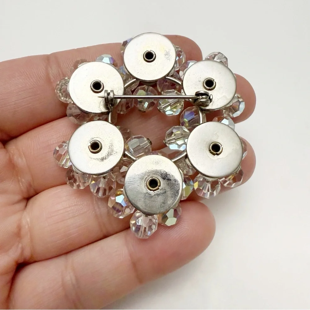Vintage AB Rhinestone Clear Glass Beaded Cha Cha Round Brooch Pin